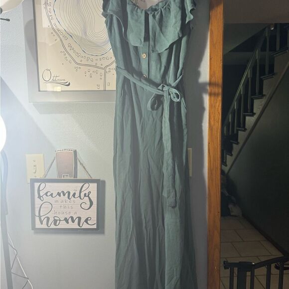 Lulu's Off The Shoulder Dark Sage Green Linen/ Rayon Ankle Length Jumpsuit Sz XL - Picture 11 of 12